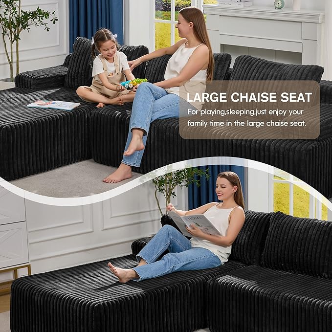 Modular Sectional Sofa Couches L-Shape Couch 3 Seat Modular Sofa Memory Foam Sectional Couches for Living Room Cloud Couch with Oversized Chaise (Black Stripe 108 Left Facing Chaise)