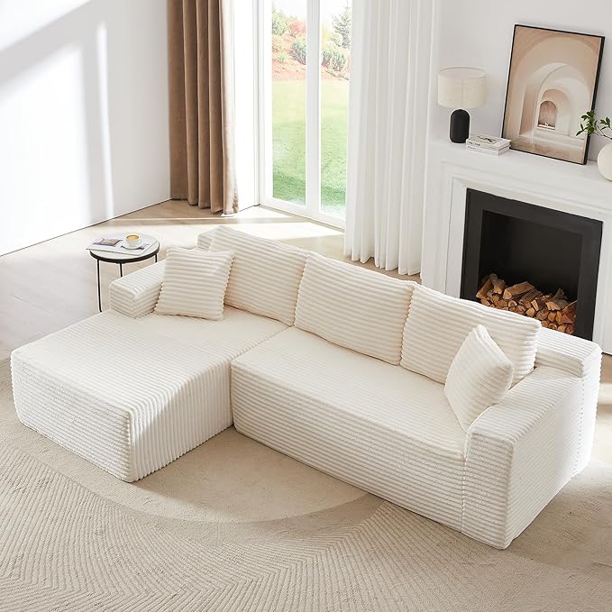 103 L-Shape Cloud Couch with Chaise Upholstered Corduroy Modular Sectional Sofa Deep Seat Couch with Free Combination for Living Room &amp ApartmentNo Assembly Required(WhiteLeft Facing Chaise)