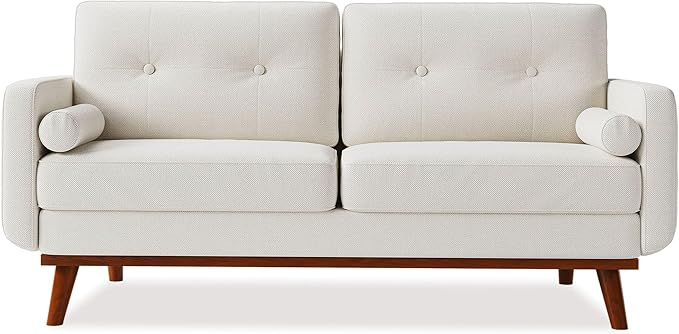 Garvee 65 in Mid Century Modern Loveseat Sofa for Small Spaces 2 Seater Linen Upholstered Couch with Button Tufted Design &amp Wood Legs Small Couch for Living Room Bedroom Office Apartment Bei