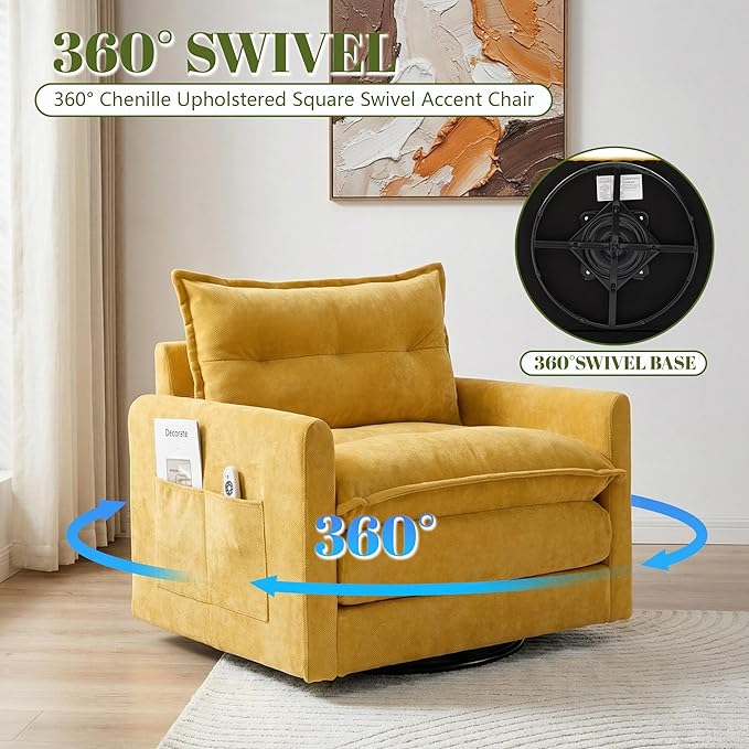 Square Swivel Chair360°Rotation Armchair for ReadingPlush Chenille Upholstered Accent Club Chair with ArmsModern Single Cloud Sofa Chair for Living Room Bedroom (1 Mustard Yellow)