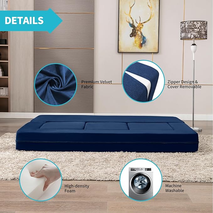 CECER 80 Convertible Floor Sofa BedFolding Sofa Bed with 3 OttomansVelvet Modular Sectional Futon SleeperFoldable Memory Foam Couch for Living Room/Guest Room/Playroom（Blue）