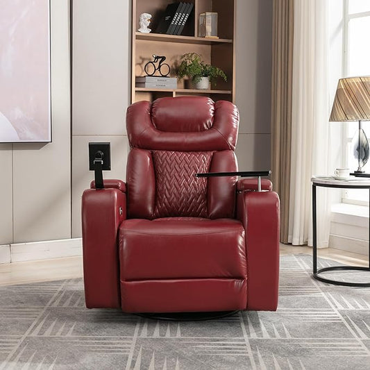 270 Degree Swivel PU Leather Power Recliner Individual Seat Home Theater Recliner with Comforable Backrest Tray Table Phone Holder Cup Holder USB Port Hidden Arm Storage for Living Room Red