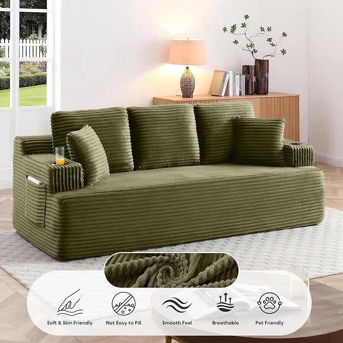 86.2'' Boneless Sofa Couch with Cup Holders &amp Side Pockets Modern Corduroy Fabric Upholstered 3-seat Couch with 2 Throw Pillows for Living Room Office No Assembly (Green)