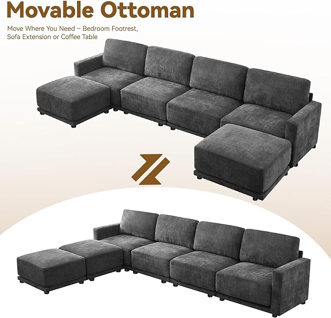 143.8 Modular Sectional Sofa Modern Chenille U Shaped Couch with Thickened Seat Cushions Easy Assembly Upholstered 6 Seater Couch with 2 Movable Ottomans for Living Room Grey