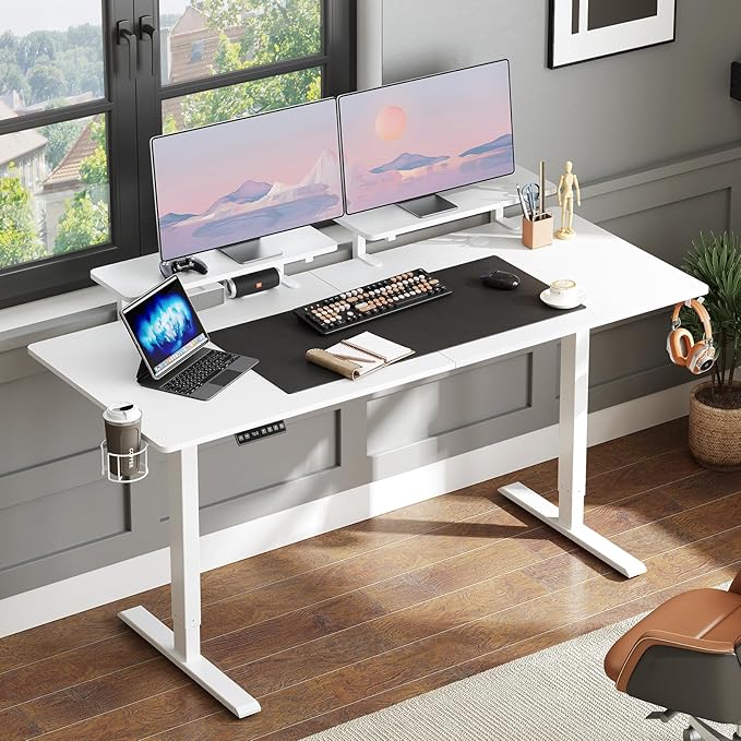 ONBRILL Standing Desk with 2 Adjustable Monitor Shelves 63 x 24 Inch Electric Stand Up Desk with Memory Controller and Adjustable Height from 28-46 inches for Computer Workstations All White