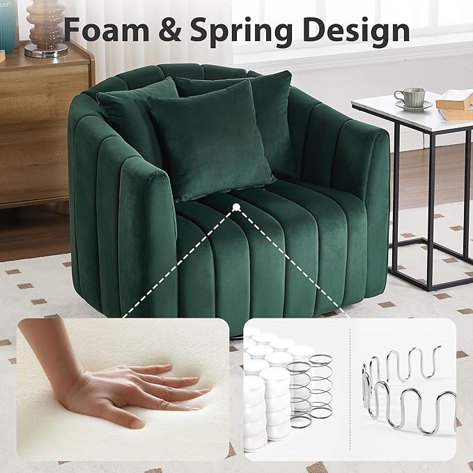 Chifee &amp Vingol 40.16 W Swivel Accent Barrel Chair Velvet Round Barrel Chair with 3 Pillows 360 Degree Swivel Armchair for Living Room Bedroom Green