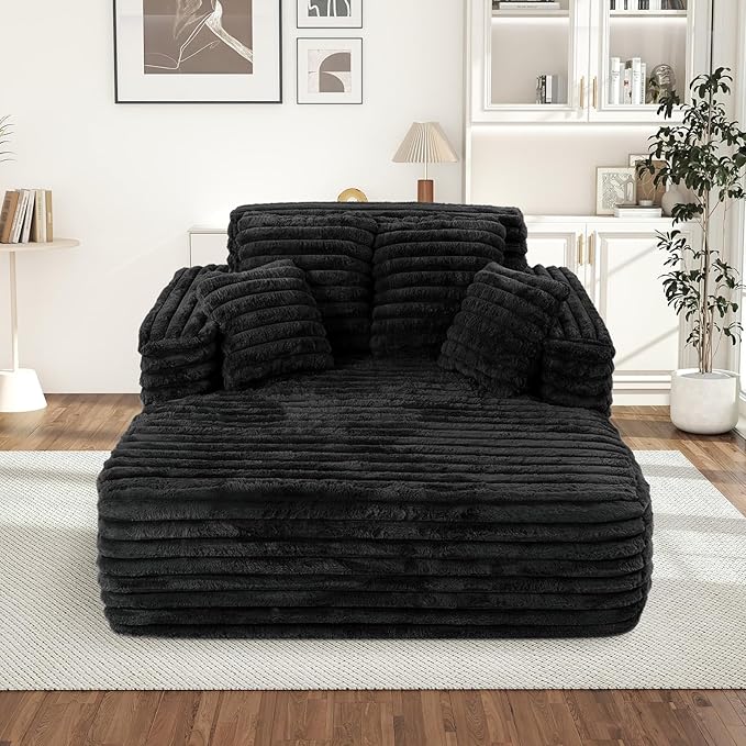 Chaise Lounge Chair Indoor Comfy Corduroy Plush Fluffy Foam Floor Compressed Sofa Chair Leisure Reading Single Sleeper Chaise Chair for Living Room Bedroom Office Pillows Included (Black)