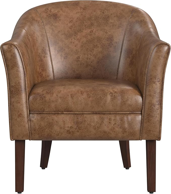 HomePop Modern Barrel Accent Chair Distressed Brown Faux Leather