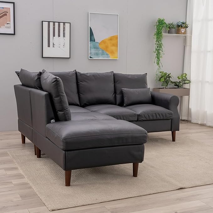 Panana 5 Seats Sectional Sofa Leathaire Fabric with Built-in USB Charging Port Chaise Right Corner L Shaped Couch (Black Leathaire 5 Seater Right Corner with Chaise)