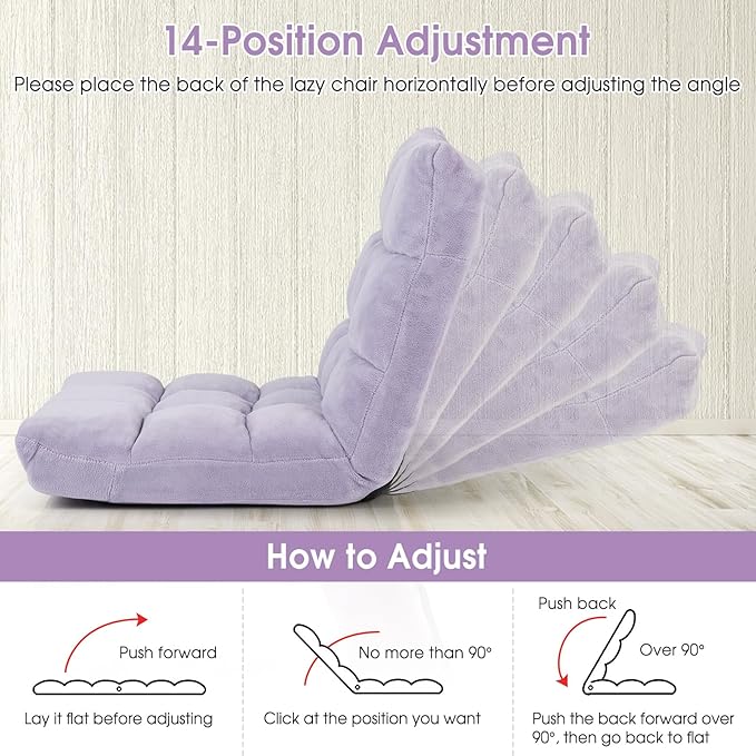 S AFSTAR Cushioned Floor Chair 14-Position Adjustable Padded Lazy Recliner with Comfortable Back Support and Skin-Friendly Cover Great for Reading Playing Game Meditating (Light Purple)