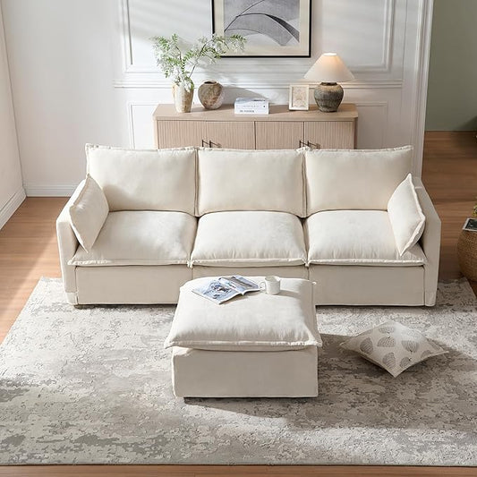 93.31 Inch L-Shaped Couch Sofa with Movable Ottoman Modular Sectional Sofa with 4 Seats and Pillows for Living Room Modern Chenille Fabric Large Comfy Cloud Couch DIY Combination (Beige-93inch)