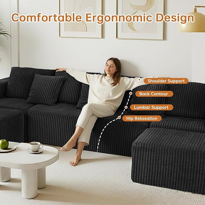132 Cloud U-Shaped Sectional SofaModular Boneless Couch with OttomanCorduroy 4-Seater Couch for Living RoomNo Assembly RequiredDeep SeatPlush Cushion Back (Black)