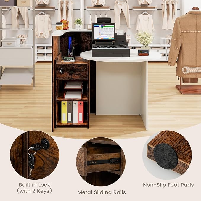 Reception Desk Small Retail Checkout Counter with Lockable Drawer and Open Shelves Wooden Front Desk Reception Counter Oval Desktop &amp L Counter for Store Office Lobby Salon (White &amp Brown)