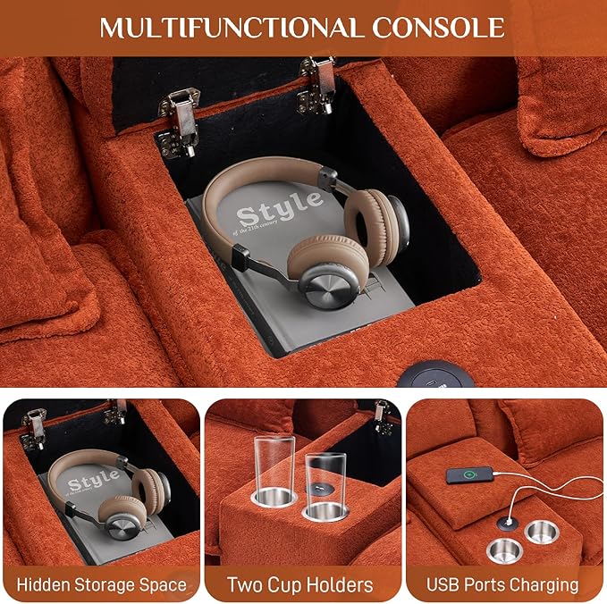 133 Oversized U Shaped Cloud Couch Modular Sectional Couches for Living Room Comfy Chenille Deep Seat Sofa Set with Double Chaise Lounge Storage Central Console Cup Holders USB Port Orange