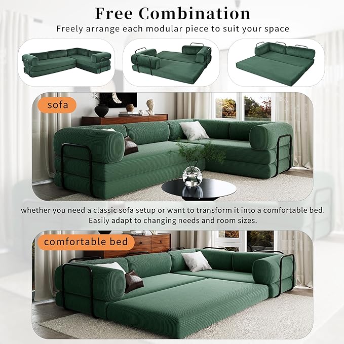 116''W Modular Sofa Bed in Corduroy Fabric L Shaped Sectional Couches Modern Upholstered Couches with Iron Frame Support 4 Independent Mattresses 3 Wedge Cushions and 1 Flat Cushion (Green/22)