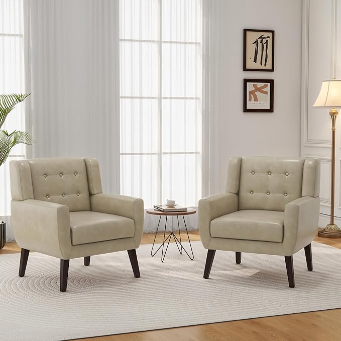 Accent Chair Mid-Century Modern PU Leather Chairs with Arms for Living Room Comfy Upholstered Club Single Sofa Armchair for Bedroom Waiting Room with Solid Wood Frame（Leather Cream Set of 2