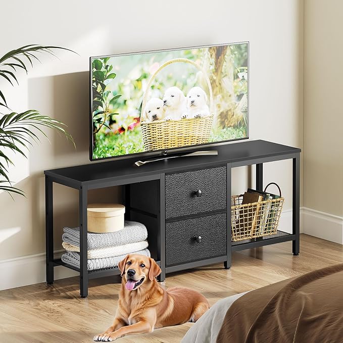 TV Stand for TVs up to 55 Entertainment Center with 2 Fabric Drawer Media Console with Shelves Television Stands for Living Room Bedroom Black DS02BB