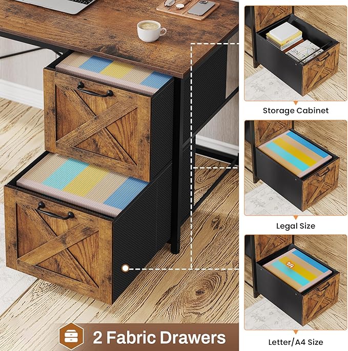SEDETA L Shaped Desk with Drawers 62.2 Home Office Desk with Fabric File Drawers and Power Outlet L Shaped Desk with Hutch Storage Shelves LED Lights Rustic Brown