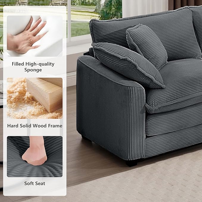 mikibama Luxury 3 Piece Sofa Set 3-Seater &amp 2 Single Sofa Set Modern Corduroy Comfy Cloud Couches Set for Living Room Office with 2 Armrest Pillows and 5 Toss Pillows Grey