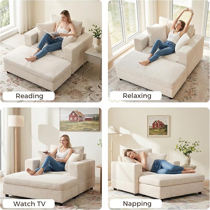 Chaise Lounge Chair Indoor54 Inch Large Corduroy Chaise Lounges Chair with Ottoman &amp 3 Pillows Deep Seat Upholstered Comfy Sleeper Chairs for Living RoomBedroomOffice (Beige)