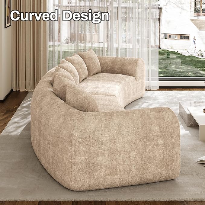 157 Oversized Curved Sofa Sectional Couch Chenille Cloud Couches Wide Armrest Deep Seat 6-Seater High Density Foam Sofas with 6 Pillows for Living Room No Assembly Needed Camel