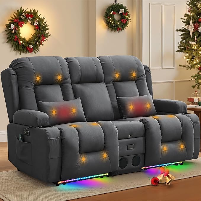 TUNYI Power Loveseat Recliner Sofa with Massage &amp Heat Home Theater Seating with Console RV Recliner Loveseat Sofa with USB/Storage/Side Pocket/LED Light/Speaker (Dark Grey Loveseat)
