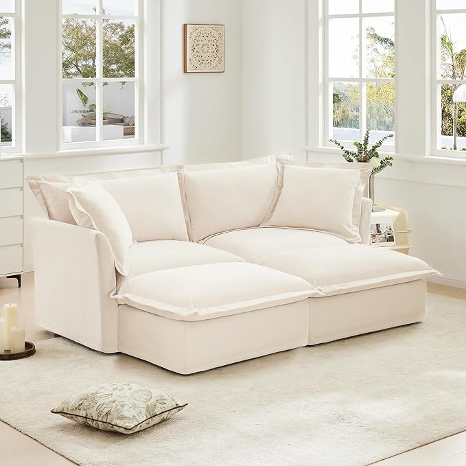 Aoowow Oversized Modular Sectional Sofa83.4”Corduroy 2-Seat Sofa Couch with 2 Movable Ottomans Upholstered Deep Seat Couches with Big Toss Pillows for Living Room Apartment OfficeCream-Chenille