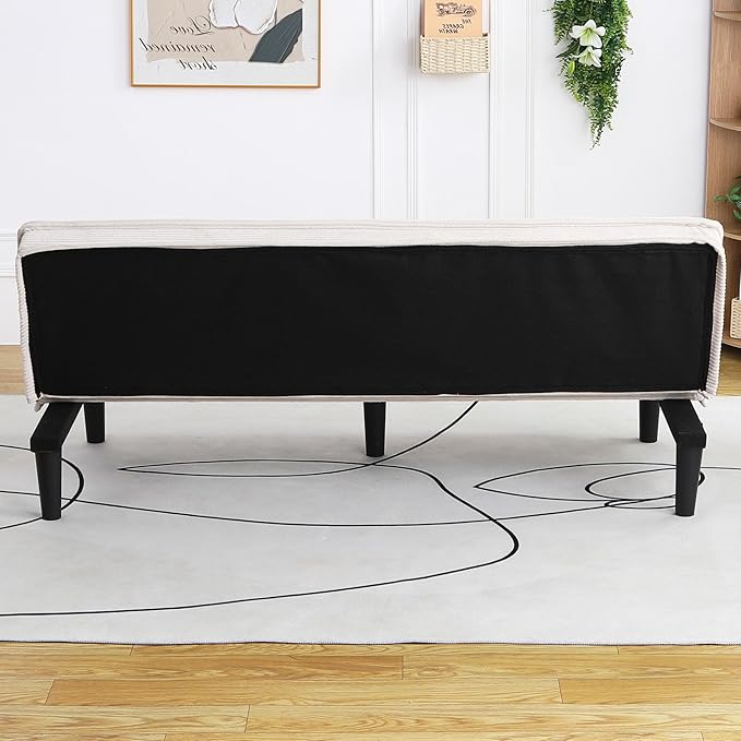 66” Armless Corduroy Sofa Bed 2-in-1 Convertible Sleeper Sofa with Tufted Back Soft Skin-Friendly Fabric Small Futon for Apartments Living Room Bedroom (White)