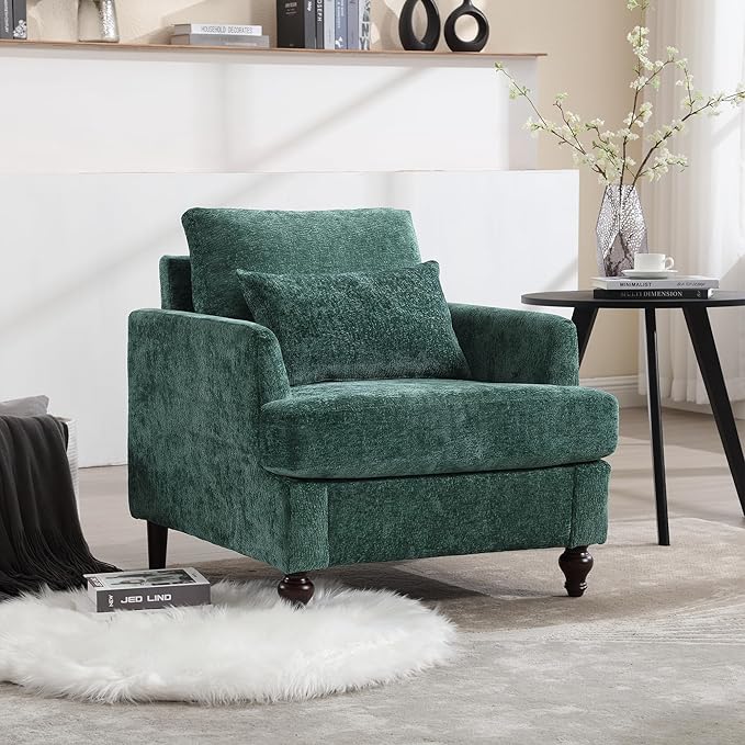 Mid Century Modern Accent ChairsChenille Upholstered Armchair with Rubber Wooden LegsComfy Reading Chairs with Scooped Arms for Living RoomBedroom (Emerald)