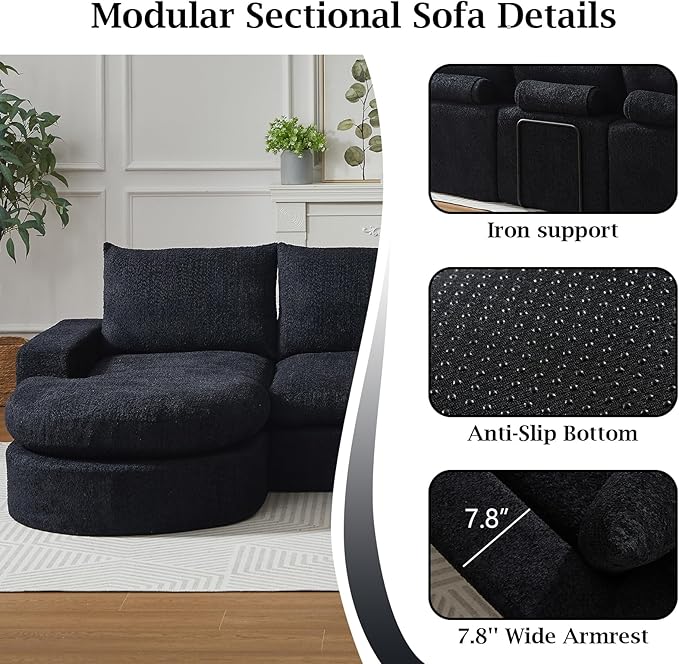 99 Modular Sectional Sofa Cloud Sectional Couch with Neck Pillow &amp Deep Seat Chenille Boneless Couches with L-Shape Chaise for Living RoomNo Assembly Required Black