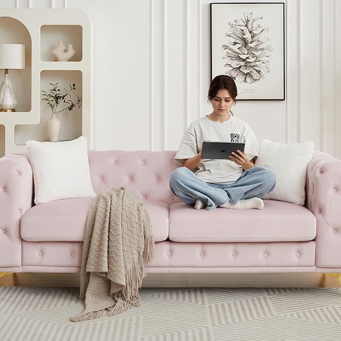 82.5'' Velvet Chesterfield Sofa Button Tufted Upholstered Sofa Couches with 2 Pillows Golden Metal Feets Removable Thick Cushions Comfy Chesterfield Couches for Living Room Apartment Pink