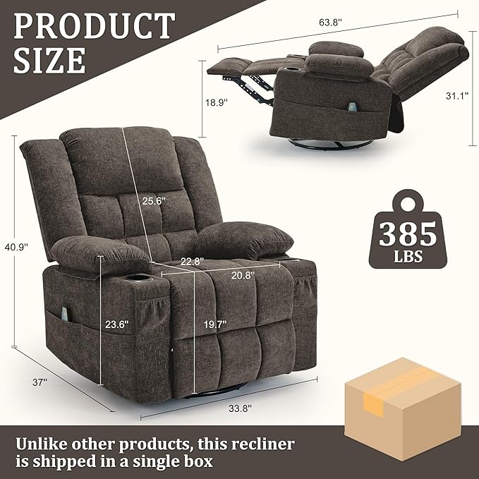 360° Swivel Rocker Recliner for Adults Nursery Glider Recliner with Massage and Heating Rocking Chair with Cup Holder Manual Recliner Chair for Living Room Bedroom (Fabric Brown)