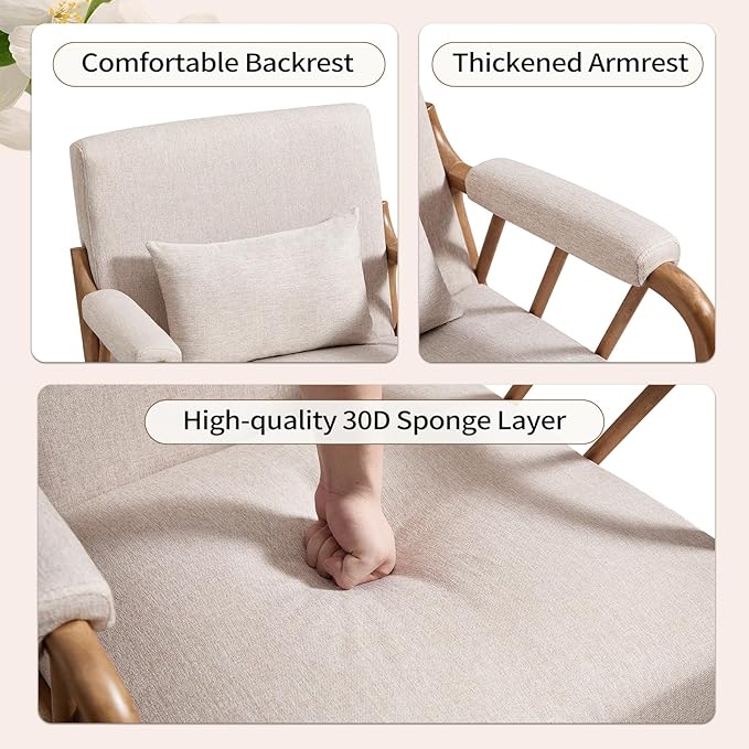 ANJ Mid Century Modern Accent ChairLiving Room Chairs with Wood Frame &ampLumbar Pillow Upholstered Reading Armchair for Bedroom