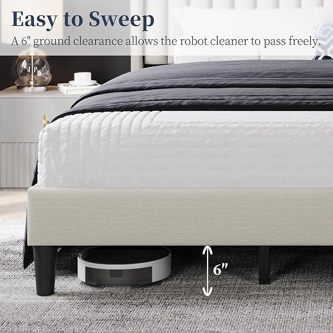 Yaheetech King Bed Frame Upholstered Platform Bed with Fabric Headboard Wing Edge Design/Non-Slip and Noise-Free/Wooden Slats Support/No Box Spring Needed/Easy Assembly Beige King Bed