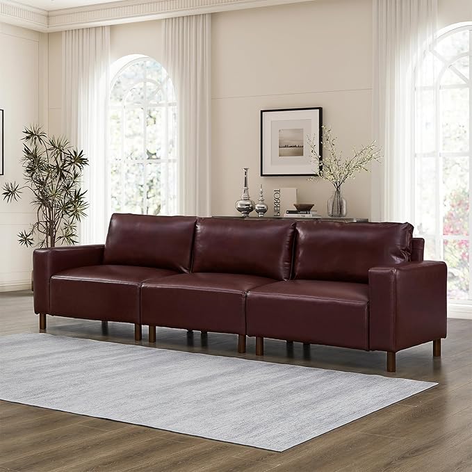 Mid-Century Modern Sofa Set of 2 PU Leather 3-Seater Couch with Solid Wood Legs &amp Square Armrests Lounge Comfy Loveseat Sofa Upholstered Cozy Couch for Living Room Office(78.5W + 112W Burgu
