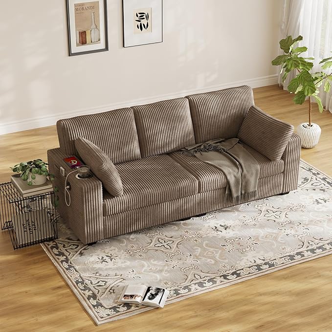 OUYESSIR 80 Loveseat Sofa for Living RoomModern Sofa with USB Charging Ports &amp Cup HoldersComfy Corduroy Couch with Upholstered Cushion3 Seater Deep Seat Couch for Small SpaceBedroom Light Br