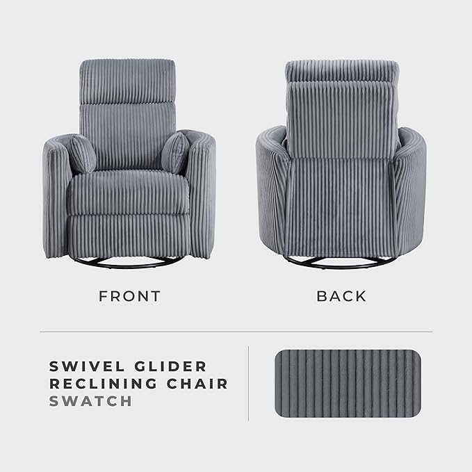Lexicon Modern Swivel Glider Recliner Chair Nursery Glider Corduroy Fabric Upholstery Recliner with 2 Lumbar Pillows Manual Reclining Sofa Chair for Living Room/Office/Apartment Grey