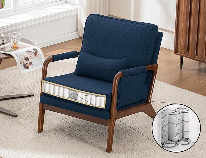 Mid Century Modern Chair Set of 2 Upholstered Lounge Arm Chair with Solid Wood Frame Comfy Accent Chair for Living Room Bedroom Reading Reception Blue