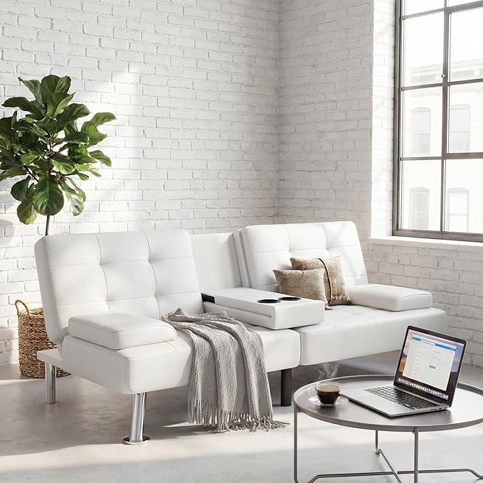 YESHOMY Modern Futon Sofa Bed Convertible Futon Couch with Adjustable Backrest Futon Loveseat Sleeper Sofa Bed with Armrest for Living Room Small SpacesPU Leather White