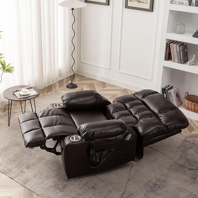 Oversized Power Lift Recliner Chair for Adult Elderly Dual Motor Lay Flat Electric Recliner with Massage &amp Heat 25.5 Wide Seat Big Tall Recliners for Living Room PU Brown