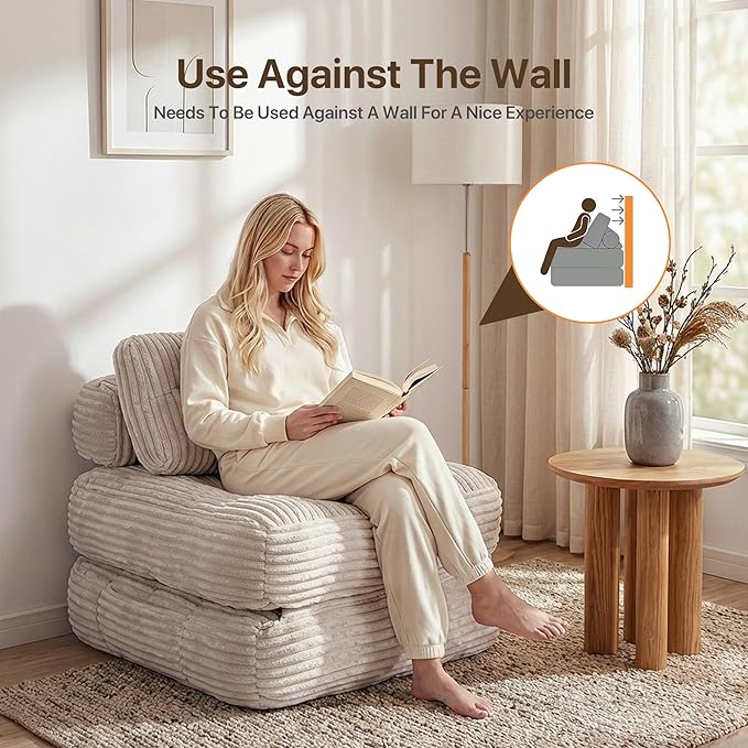 Boneless Chair Folding Sofa Bed with Pillow Sleeper Sofa with Back Support Sleeper Chair Portable Fold Out Chair Bed Comfy Foldable Mattress for Living Room Beige Single
