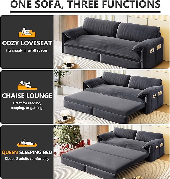 66 Futon Sofa Bed Queen Size Pull Out Bed 3-in-1 Convertible Sleeper Sofa with Side Pocket Modern Velvet Futon Couch for Living Room Small Space Apartment Bedroom Grey