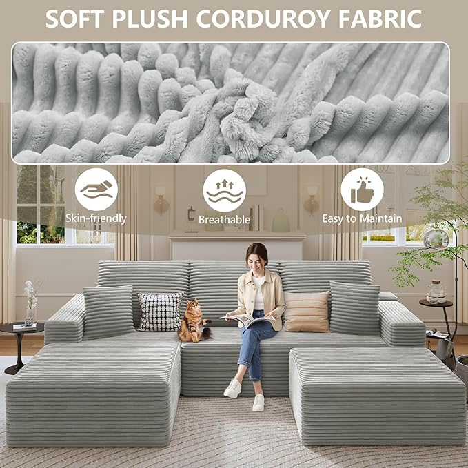 107 Cloud Sectional Couch with U-Shaped Chaise Corduroy Sectional Sofa with Ottoman Boneless Couch with Deep Seat in a Box for Living Room No Assembly Required (Grey Left Facing Chaise)