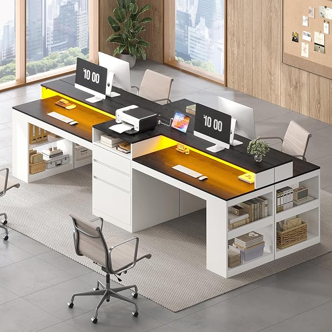 96.6 Long Computer Desk 2 Person Desk with LED Lights &amp Power Outlet Modern Two Person Gaming Desk with File Drawers Monitor Stand Printer Shelf ＆ Storage Double Table for Home Office White