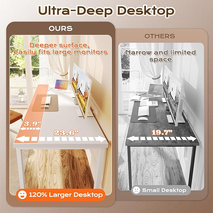 Huuger 63 x 24 inch Desk with Power Outlets &amp USB-C Deeper &amp Thicker Desktop Robust Metal Tubes Computer Desk Heavy Duty Office Desk Work Gaming Desk for Home Office White