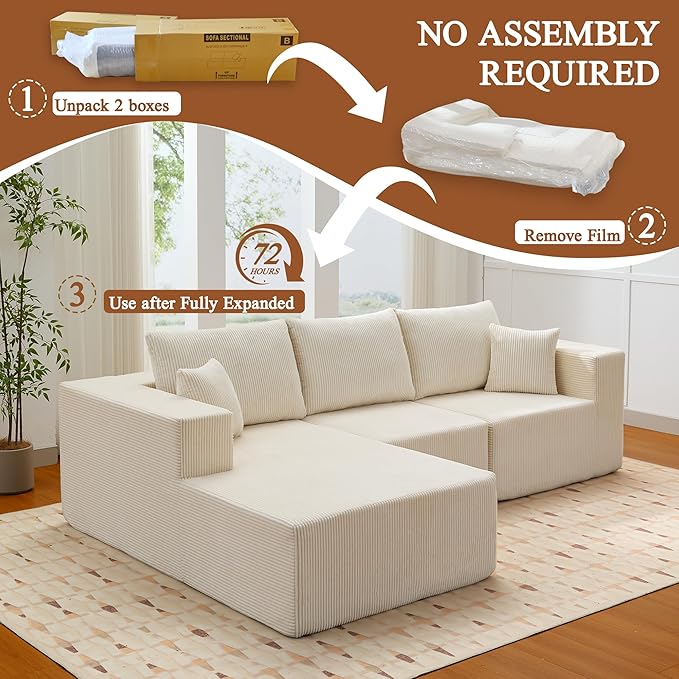 Modular Sectional Sofa for Living Room 108 Cloud Couch Sectional with L-Shape Chaise Modern Upholstered Corduroy Boneless Couch with Memory Foam Deep Seat No Assembly Required (Beige)