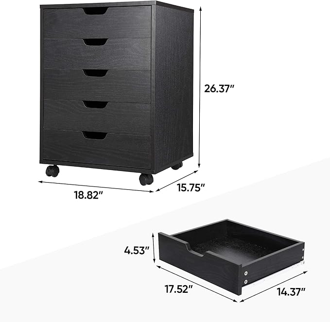Nouva 5-Drawer File Cabinet - Vertical Mobile Filing Cabinet w/WheelsUnder Beside Desk Chest Storage Printer Stand for Home OfficeBlack