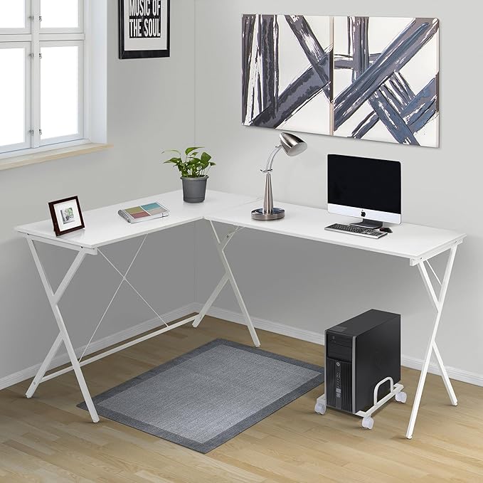 Home Office Desk White L-Shaped Computer Desk with CPU Holder