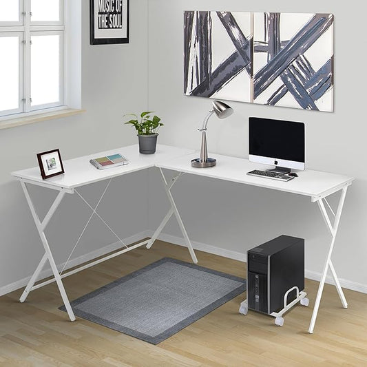 Home Office Desk White L-Shaped Computer Desk with CPU Holder