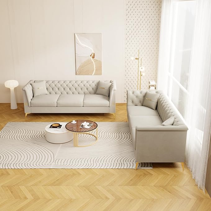 Chesterfield Sofa Sectional Couch with Metal Legs 82.6 Velvet Couch White and Gold Sofa Luxury Loveseat for Living Room Tufted Sofas with 2 Pillows &amp Classic Golden Decor White